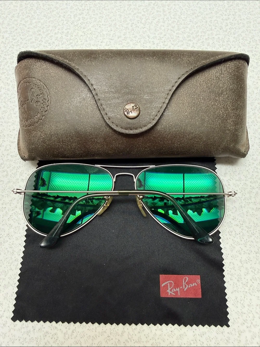 Ray-Ban Silver Frame Aviator Sunglasses with Blue Green tint
